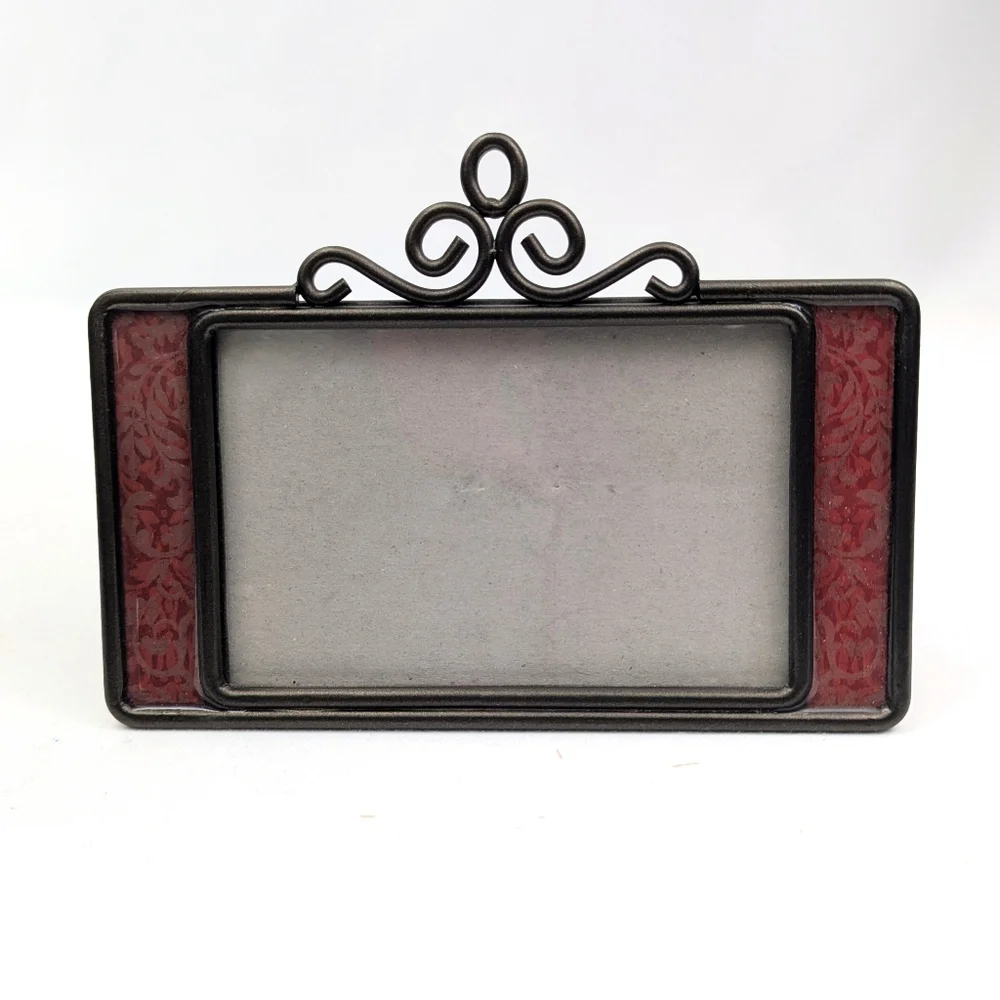 Picture Frame Metal and Floral Print Glass Victorian Scroll Antiqued Brasstone